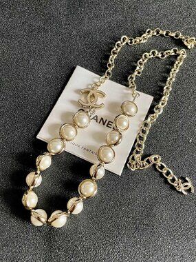 Chanel Timeless CC Logo Pearl Chain Necklace, Gold
